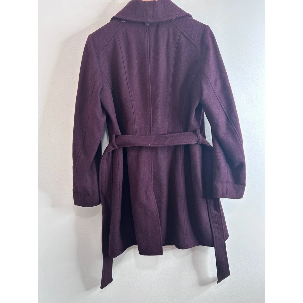 Michael Kors Plum Purple Wool Blend Belted Trench Pea Coat Sz 12 Gold‎ Buttons